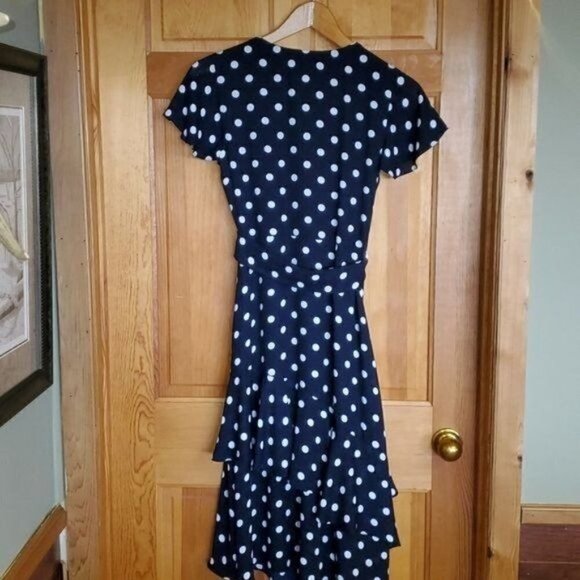 Joseph Ribkoff Wraparound Lined Midnight Blue Vanilla Polka Dot Sz 6 Cap Dress - Picture 6 of 11
